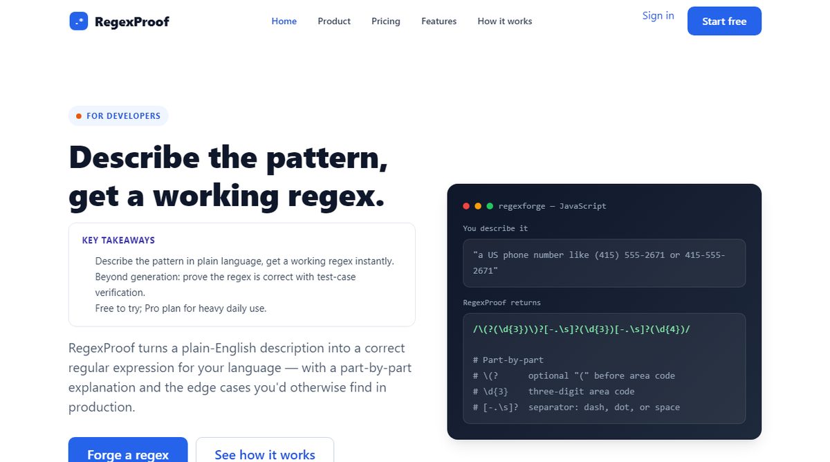 RegexProof product homepage screenshot.