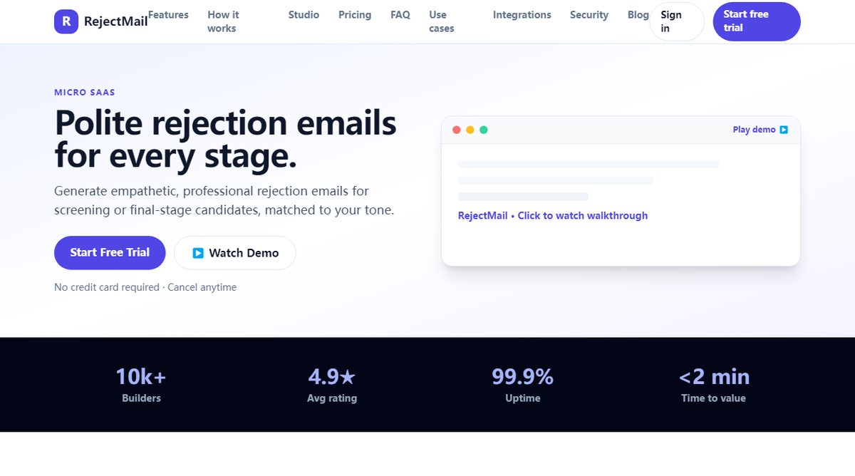 RejectMail product homepage screenshot.