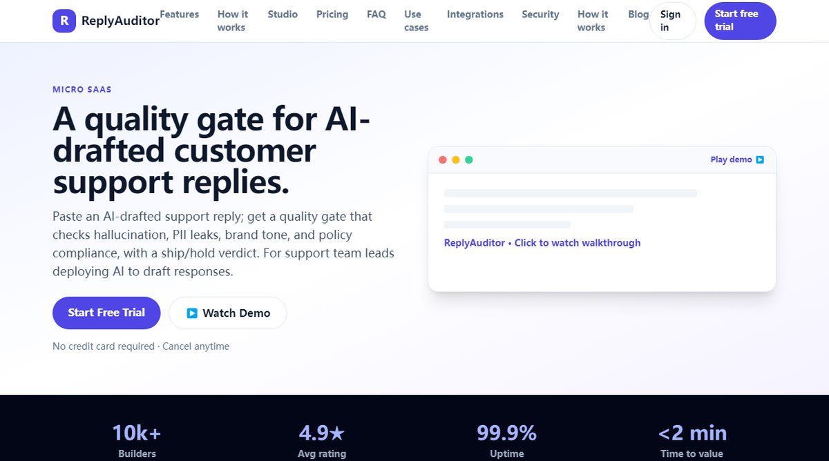 ReplyAuditor product homepage screenshot.