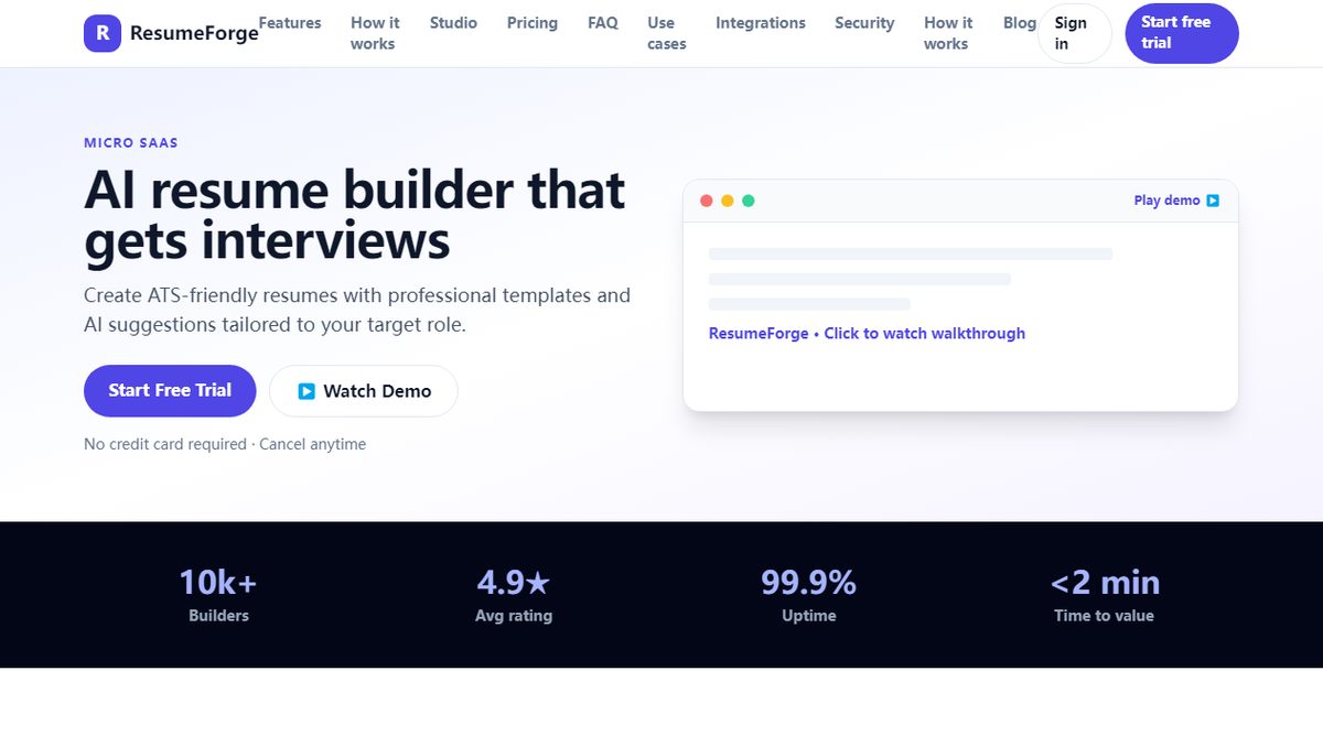 ResumeForge product homepage screenshot.
