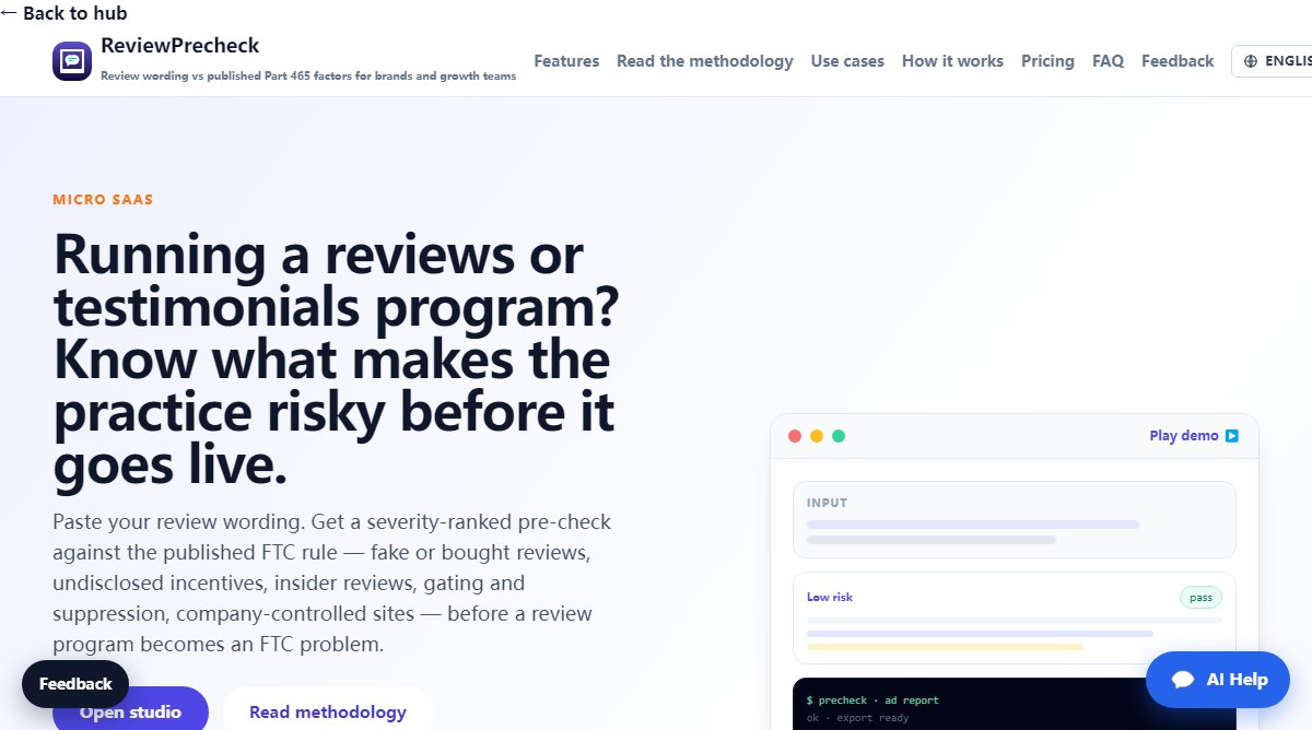 ReviewPrecheck product homepage screenshot.