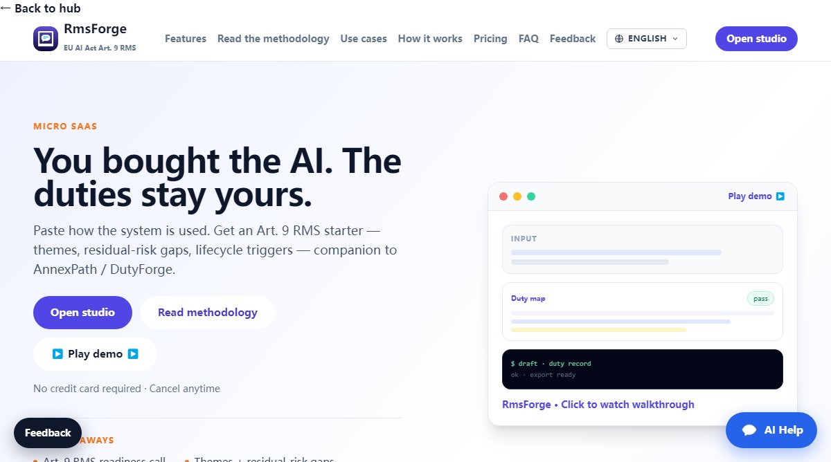 RmsForge product homepage screenshot.