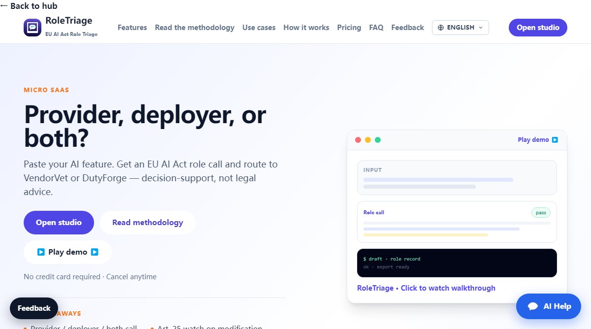 RoleTriage product homepage screenshot.