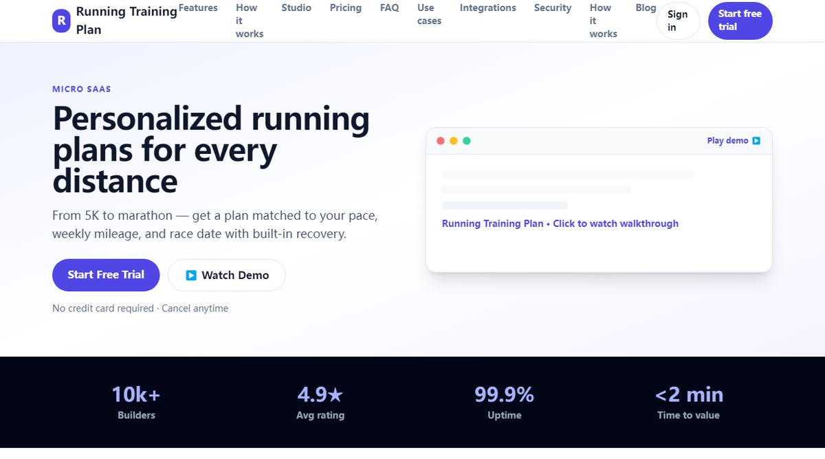 Running Training Plan product homepage screenshot.