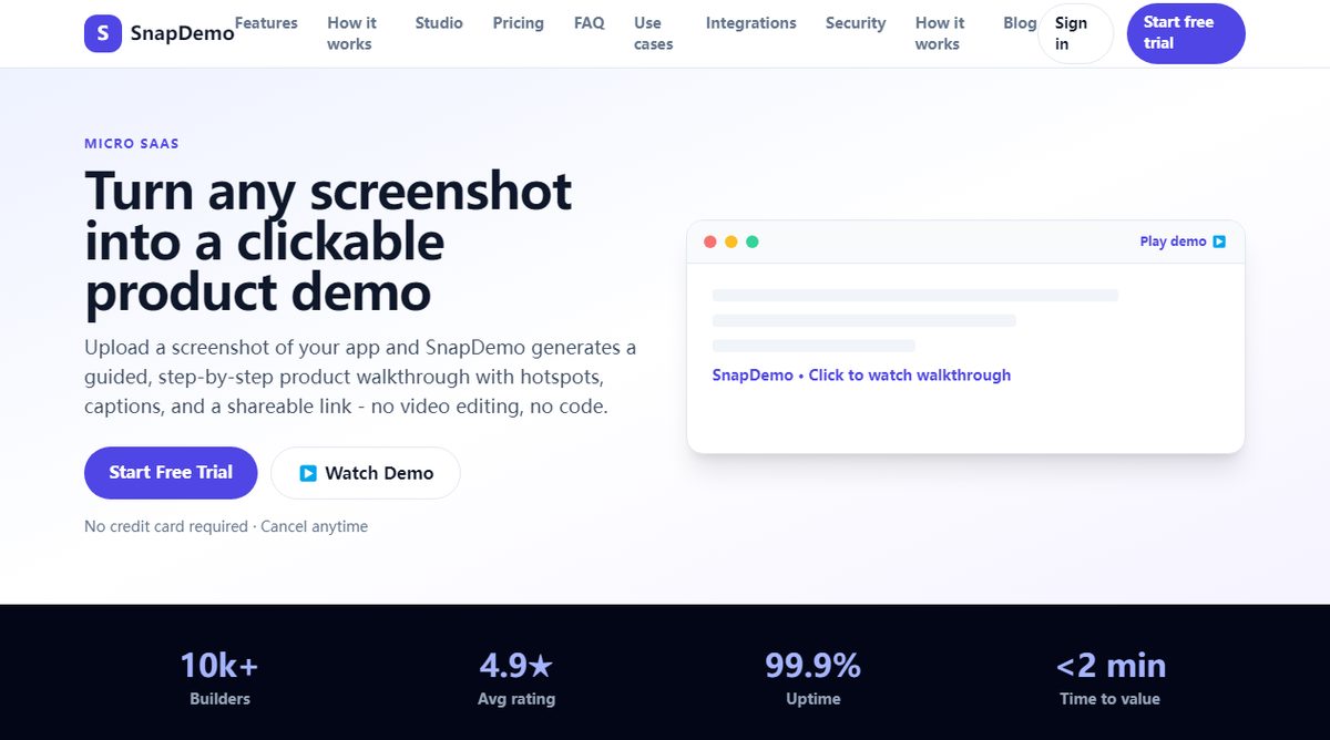 SnapDemo product homepage screenshot.