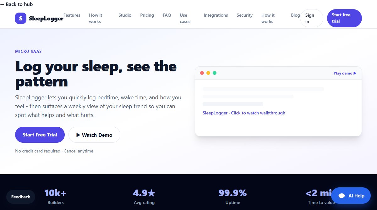 SleepLogger product homepage screenshot.