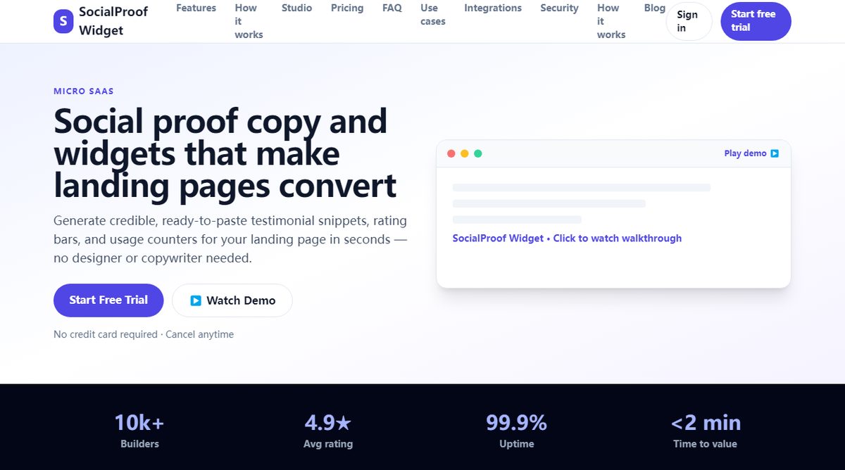 SocialProof Widget product homepage screenshot.