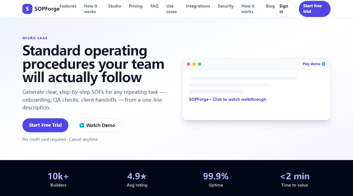 SOPForge product homepage screenshot.