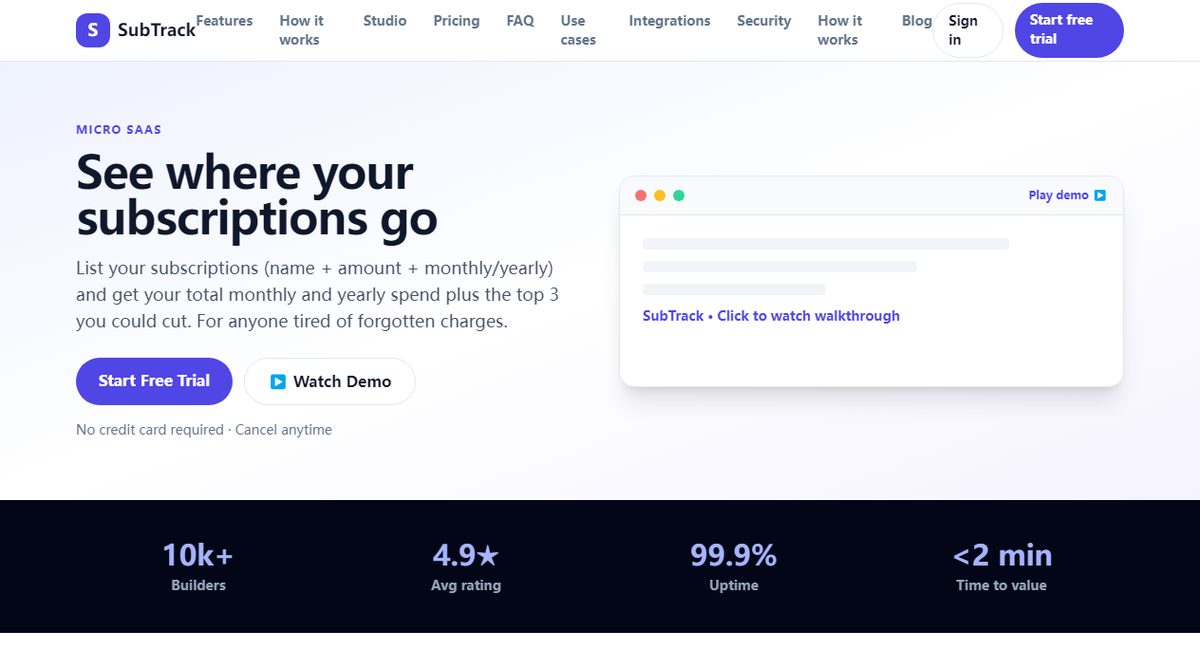 SubTrack product homepage screenshot.