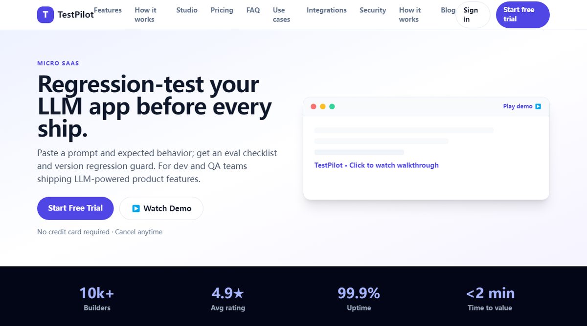 TestPilot product homepage screenshot.