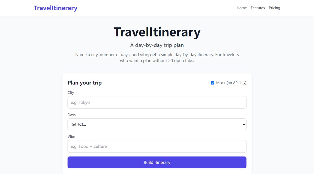 TravelItinerary product homepage screenshot.