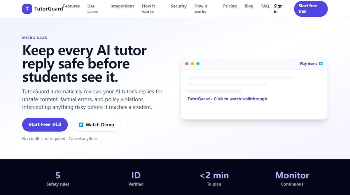 TutorGuard product homepage screenshot.