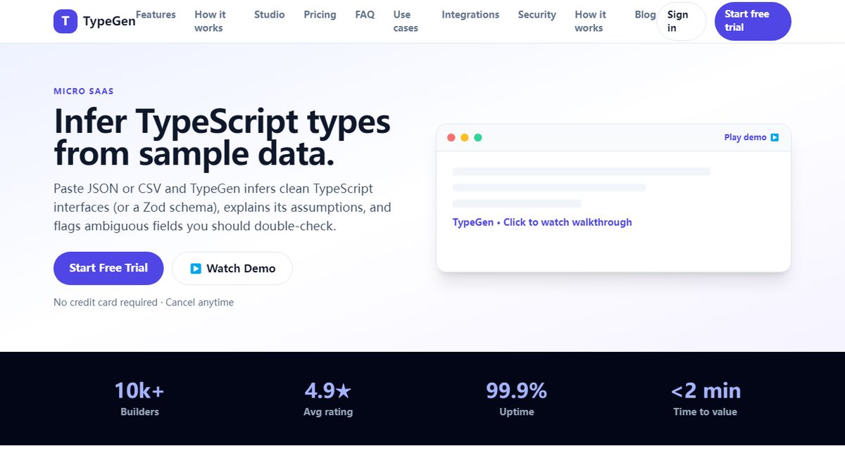 TypeGen product homepage screenshot.