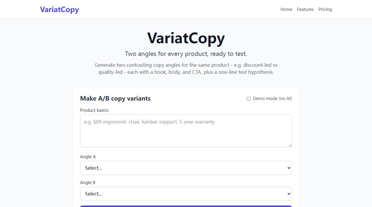 VariatCopy product homepage screenshot.