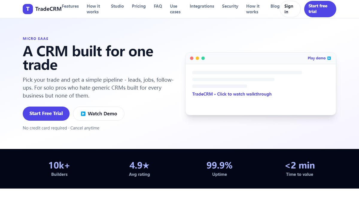 TradeCRM product homepage screenshot.