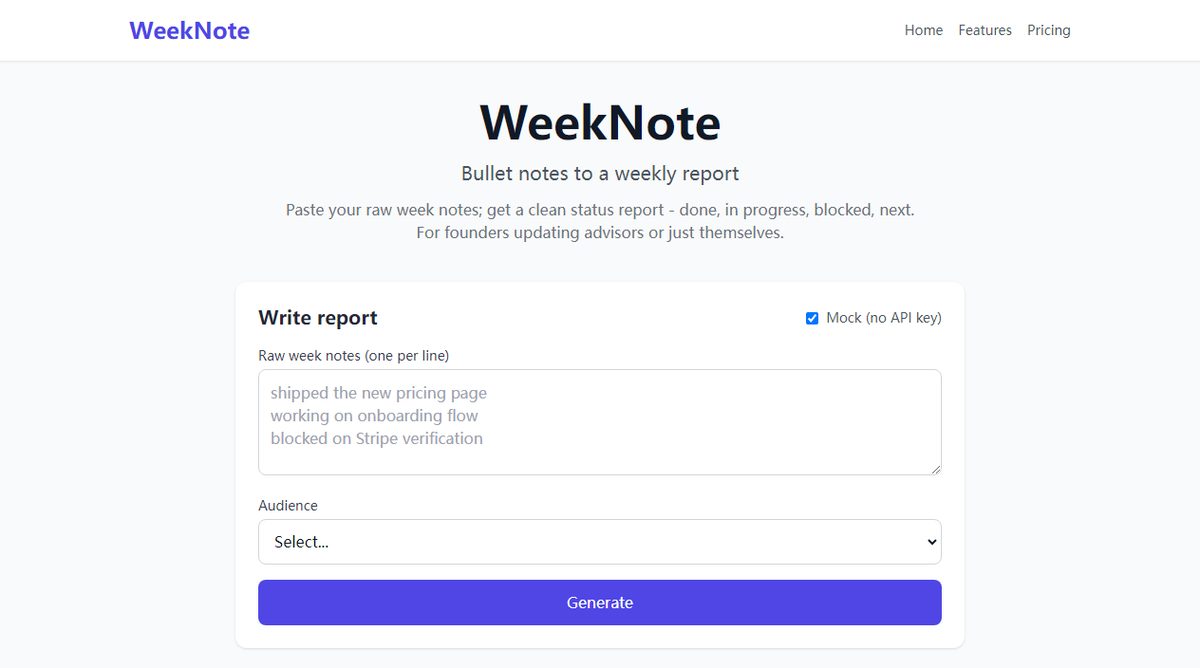 WeekNote product homepage screenshot.